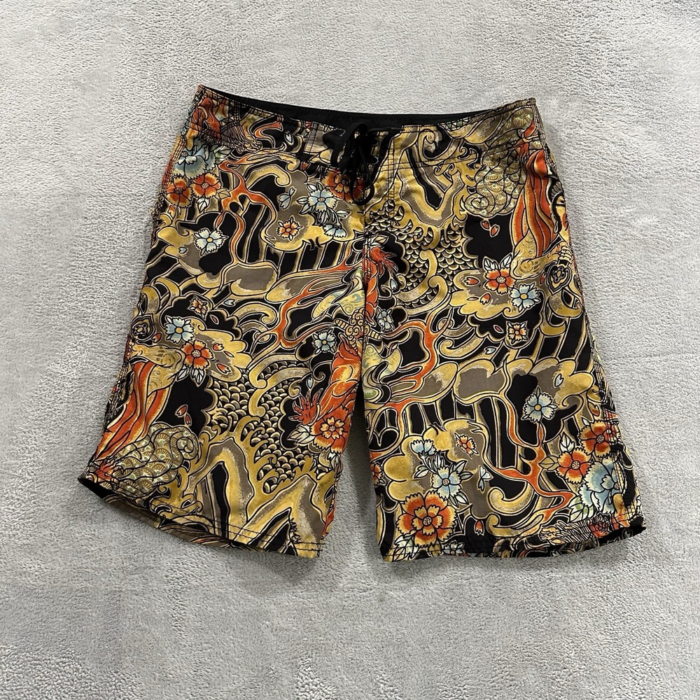 Hurley Swim Trunks Men's 9 Classic Yellow Black Drawstring Pockets Floral Beach